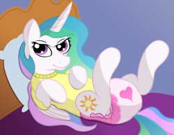 Size: 2700x2090 | Tagged: safe, artist:sweetielover, princess celestia, alicorn, pony, g4, adult foal, bed, bedroom, bedroom eyes, clothes, diaper, diaper fetish, female, fetish, high res, looking at you, lying down, lying on bed, non-baby in diaper, on back, on bed, pillow, pink diaper, poofy diaper, princess, shirt, showing off, solo
