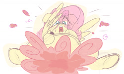 Size: 1280x769 | Tagged: safe, artist:cookiexrumbles, fluttershy, pegasus, pony, g4, fart, fart fetish, female, fetish, lying down, mare, simple background, solo, surprised