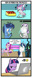 Size: 800x1964 | Tagged: safe, artist:ace play, night light, princess cadance, princess flurry heart, queen chrysalis, shining armor, twilight sparkle, twilight velvet, alicorn, changeling, changeling queen, pony, unicorn, comic:twilight vs. computer, g4, 4 panel comic, ads, alicornified, aside glance, baby, baby pony, comic, computer, female, implied infidelity, implied shining chrysalis, implied shipping, implied straight, laptop computer, licking, looking at you, question mark, race swap, shaking, tongue out, twilight sparkle (alicorn), twilight sparkle is not amused, unamused, velveticorn