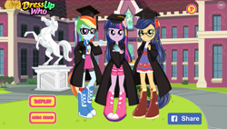 Size: 1019x580 | Tagged: safe, applejack, rainbow dash, twilight sparkle, equestria girls, g4, boots, canterlot high, clothes, dress, equestria girls creator, game, game screencap, glasses, hat, rarity's dress up, shoes