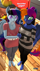 Size: 1080x1920 | Tagged: safe, artist:anthroponiessfm, oc, oc:layla horizon, oc:maple cake, bat pony, anthro, 3d, anthro oc, barefoot, bat pony oc, clothes, cute, fangs, feet, female, holding hands, leggings, looking at you, pants, source filmmaker, sweater