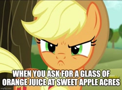 Size: 675x499 | Tagged: safe, edit, edited screencap, screencap, applejack, earth pony, pony, g4, no second prances, angerjack, angry, applejack is best facemaker, applejack is not amused, caption, cropped, cute, cute when angry, female, frown, fruit heresy, glare, image macro, jackabetes, madorable, mare, solo, text, unamused