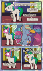 Size: 1920x3169 | Tagged: safe, artist:alexdti, oc, oc only, oc:brainstorm (alexdti), oc:purple creativity, oc:star logic, pegasus, pony, unicorn, comic:quest for friendship, blushing, comic, dialogue, eyes closed, female, floppy ears, folded wings, glasses, green eyes, holding hooves, hoof on head, horn, jealous, kissing, male, mare, open mouth, pegasus oc, shadow, shrunken pupils, sitting, speech bubble, stallion, standing, tail, thought bubble, twilight's castle, two toned mane, two toned tail, unicorn oc, walking, wings