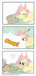 Size: 495x1024 | Tagged: safe, artist:lululaozi, discord, fluttershy, draconequus, pegasus, pony, squirrel, g4, animal, blushing, boop, comic, cute, discute, ear fluff, exclamation point, eyes closed, female, heart, lying down, male, noseboop, prone, ship:discoshy, shipping, signature, smiling, straight
