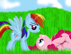 Size: 1920x1440 | Tagged: safe, artist:waveywaves, pinkie pie, rainbow dash, earth pony, pegasus, pony, g4, duo, female, grass, lesbian, looking at each other, lying down, on back, ship:pinkiedash, shipping, smiling