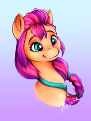 Size: 694x919 | Tagged: safe, artist:buttersprinkle, sunny starscout, earth pony, pony, g5, my little pony: a new generation, braid, bust, female, gradient background, mare, smiling, solo
