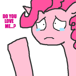 Size: 400x400 | Tagged: safe, artist:askpinkiepieandfriends, pinkie pie, earth pony, pony, g4, bust, frown, sad, simple background, solo, talking to viewer, teary eyes, white background