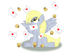 Size: 940x692 | Tagged: safe, artist:eternalash, derpy hooves, pegasus, pony, g4, female, heart, letter, mouth hold, simple background, solo, spread wings, transparent background, wings