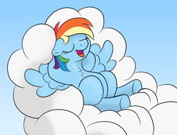 Size: 2174x1665 | Tagged: safe, artist:doodledonutart, rainbow dash, pegasus, pony, g4, chest fluff, cloud, cloud bed, female, floppy ears, mare, open mouth, sleeping, solo
