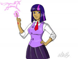 Size: 1600x1200 | Tagged: safe, artist:thecreator9, twilight sparkle, human, g4, bowtie, clothes, dark skin, female, hand on hip, humanized, magic, school uniform, schoolgirl, simple background, skirt, solo, vest, white background