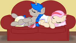 Size: 4000x2250 | Tagged: safe, artist:nitei, oc, oc only, alicorn, earth pony, pony, adult foal, alicorn oc, comfy, couch, diaper, diaper fetish, duo, earth pony oc, eyes closed, fetish, horn, lying down, non-baby in diaper, on back, poofy diaper, prone, show accurate, show accurate porn, sleeping, urine, wet diaper, wings