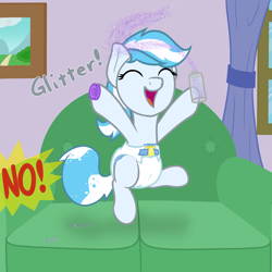 Size: 4000x4000 | Tagged: safe, artist:nitei, oc, oc only, oc:snow frost, earth pony, pony, adult foal, couch, diaper, diaper fetish, earth pony oc, eyes closed, fetish, glitter, jumping, messy, non-baby in diaper, offscreen character, open mouth, open smile, show accurate, smiling, solo