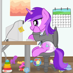Size: 4000x4000 | Tagged: safe, artist:nitei, amethyst star, sparkler, pony, unicorn, g4, adult foal, chair, computer, diaper, diaper fetish, fetish, meeting, non-baby in diaper, pink diaper, show accurate, sitting, toy, webcam