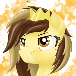 Size: 1280x1280 | Tagged: safe, artist:zocidem, oc, oc only, oc:prince whateverer, pegasus, pony, augmented, bust, confident, crown, eyebrows, eyebrows visible through hair, grin, jewelry, male, multicolored hair, pegasus oc, portrait, regalia, simple background, smiling, solo, stallion