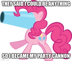 Size: 544x459 | Tagged: safe, pinkie pie, hybrid, pony, g4, caption, image macro, party cannon, text