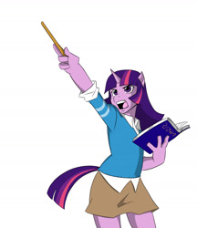 Size: 1350x1560 | Tagged: safe, artist:thecreator9, twilight sparkle, anthro, g4, book, clothes, female, magic wand, open mouth, simple background, skirt, solo, white background