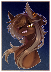 Size: 2760x3920 | Tagged: safe, artist:honeybbear, oc, oc only, oc:valencia, pony, bust, fangs, female, high res, mare, portrait, smiling, solo