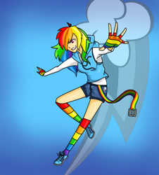 Size: 1049x1162 | Tagged: safe, artist:ketsuzoku, rainbow dash, human, g4, 2011, artifact, clothes, cutie mark background, female, humanized, multicolored hair, rainbow hair, shorts, socks, solo