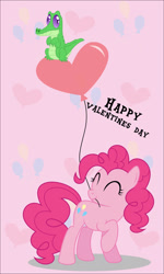 Size: 1024x1707 | Tagged: safe, artist:oobrushstrokeoo, gummy, pinkie pie, alligator, earth pony, pony, reptile, g4, balloon, cutie mark background, eyes closed, heart balloon, holiday, mouth hold, valentine's day