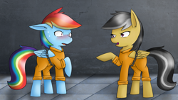 Size: 1920x1080 | Tagged: safe, artist:skywarriorstare, daring do, rainbow dash, pegasus, pony, g4, blushing, bound wings, chains, clothes, commission, commissioner:minivanmaster, duo, pointing, prison, prison outfit, prisoner rd, sweat, tonight you, wings