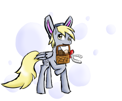 Size: 1227x1020 | Tagged: safe, artist:skywarriorstare, derpy hooves, pegasus, pony, g4, basket, bunny ears, cutie mark background, female, food, mare, muffin, simple background, solo, transparent background