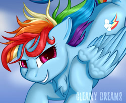 Size: 1024x838 | Tagged: safe, artist:gleamydreams, rainbow dash, pegasus, pony, g4, female, flowing mane, flying, grin, looking at you, smiling, solo, wings