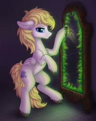 Size: 1758x2223 | Tagged: safe, artist:eltaile, oc, oc only, oc:wholeheart, ghost, pegasus, pony, undead, bone, ear fluff, hooves, magic, male, mirror, smiling, solo, spirit, spooky, witchcraft