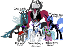 Size: 2048x1536 | Tagged: safe, artist:chanyhuman, king sombra, lord tirek, majesty, nightmare moon, queen chrysalis, radiant hope, centaur, changeling, changeling queen, pony, umbrum, unicorn, taur, g1, idw, antagonist, betrayal, colored horn, corrupted, corruption of magic, cruel, curved horn, dark, dark magic, description is relevant, duchess hope, elements of disharmony, evil queen, fanfic, fanfic art, female, g1 to g4, generation leap, greed, horn, lies, magic, negativity, queen majesty, queen majesty iv, sombra horn, story included, xk-class end-of-the-world scenario