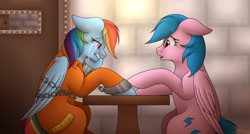 Size: 1498x801 | Tagged: safe, artist:corwolf, firefly, rainbow dash, pegasus, pony, g1, g4, bound wings, chains, clothes, crying, cuffs, duo, female, firefly as rainbow dash's mom, g1 to g4, generation leap, prison, prison outfit, prisoner rd, sad, shackles, sobbing, visiting, wings