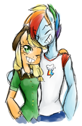 Size: 960x1472 | Tagged: safe, artist:annie-aya, applejack, rainbow dash, anthro, g4, duo, female, half r63 shipping, hug, male, pose, rainbow blitz, rule 63, ship:appleblitz, ship:appledash, shipping, simple background, smiling, straight, white background