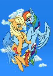 Size: 4818x6915 | Tagged: safe, artist:autumn-plains, applejack, rainbow dash, earth pony, pegasus, pony, fanfic:those blue wings, g4, cute, duo, ears back, fanfic, female, flying, frown, hanging, hooves, lesbian, looking down, messy mane, open mouth, scared, ship:appledash, shipping, sky, smiling, spread wings, underhoof, wings