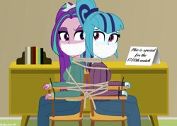 Size: 1058x756 | Tagged: safe, artist:robukun, aria blaze, sonata dusk, equestria girls, g4, back to back, bondage, bound and gagged, bound together, duo, duo female, female, gag, help us, rope, rope bondage, sign, tape, tape gag, tied to chair, tied up