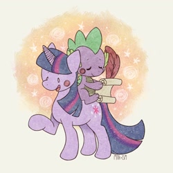 Size: 2048x2048 | Tagged: safe, artist:milk_ism, spike, twilight sparkle, dragon, pony, unicorn, g4, blush sticker, blushing, cute, dragons riding ponies, duo, eyes closed, female, high res, male, mare, open mouth, quill, riding, riding a pony, scroll, sitting, spike riding twilight, unicorn twilight