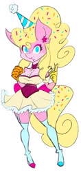 Size: 1072x2271 | Tagged: safe, artist:200cups, oc, oc only, oc:sugar sprinkles, anthro, clothes, dress, garter belt, hat, looking at you, party hat, smiling, solo