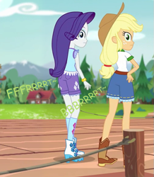 Size: 503x578 | Tagged: safe, artist:thedarkpony, edit, edited screencap, screencap, applejack, rarity, equestria girls, g4, my little pony equestria girls: legend of everfree, applebutt, ass, butt, camp everfree outfits, clothes, cropped, fart, fart edit, fart noise, female, onomatopoeia, rearity, shorts, sound effects, thousand yard stare