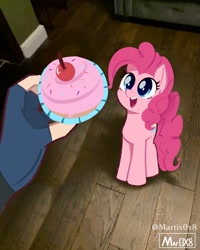 Size: 1080x1350 | Tagged: safe, artist:mar0x8, pinkie pie, earth pony, human, pony, g4, clothes, cupcake, cute, diapinkes, disembodied hand, fingerless gloves, food, gloves, hand, irl, offscreen character, offscreen human, open mouth, photo, ponies in real life, ponified animal photo, want