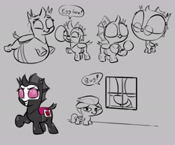 Size: 3000x2500 | Tagged: safe, artist:heretichesh, rumble, oc, oc:s.leech, oc:yvette (evan555alpha), changeling, pegasus, pony, g4, bald face, belly, belly bed, big belly, big head, blaze (coat marking), changeling oc, clothes, coat markings, colt, cosplay, costume, cute, cuteling, facial markings, fake cutie mark, glasses, high res, impossibly large belly, macro/micro, male, purple changeling, role reversal, sketch, sketch dump, smiling, window