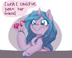 Size: 1012x812 | Tagged: safe, artist:ponchik_art, izzy moonbow, pinkie pie, pony, unicorn, g5, my little pony: a new generation, blushing, bracelet, cute, dialogue, eye clipping through hair, eyebrows, eyebrows visible through hair, female, figurine, friendship bracelet, glowing, glowing horn, grin, horn, izzybetes, jewelry, mare, smiling, solo, speech bubble, unshorn fetlocks