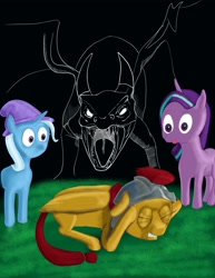 Size: 2550x3300 | Tagged: safe, artist:short tale, flash magnus, starlight glimmer, trixie, dragon, pegasus, pony, unicorn, g4, crying, digital art, fanfic, fanfic art, fear, grass, high res, sad, surprised