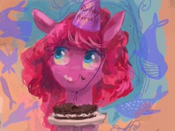 Size: 1367x1023 | Tagged: safe, pinkie pie, earth pony, pony, g4, birthday, cake, food, simple background, solo