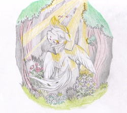 Size: 5105x4572 | Tagged: safe, artist:foxtrot3, oc, oc only, oc:light winds, pegasus, pony, crepuscular rays, eyes closed, flower, flower petals, forest, leaves, nature, scenery, smiling, solo, sunlight, traditional art