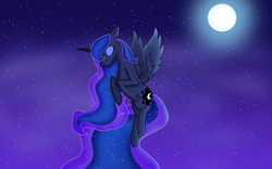 Size: 1920x1200 | Tagged: safe, artist:nitlynjane, princess luna, alicorn, pony, g4, cutie mark, ethereal mane, ethereal tail, eyeshadow, flying, makeup, moon, night, sky, solo, stars, tail, transparent hair, weird anatomy