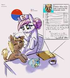 Size: 1097x1220 | Tagged: artist needed, safe, nurse redheart, oc, earth pony, pony, g4, candy, chair, cute, duo, eyes closed, female, filly, food, implied anon, lollipop, mare, miss /mlp/ 2021, nurse, petting, pie chart, sitting, sweet dreams fuel, verity