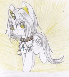 Size: 3531x3933 | Tagged: safe, artist:foxtrot3, pony, unicorn, arknights, collar, doctor, fanfic art, healer, high res, jewelry, kal'tsit, necklace, solo, stethoscope, traditional art