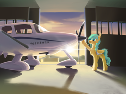 Size: 3649x2735 | Tagged: safe, artist:blue ink, oc, oc only, oc:lemonade candy, pegasus, pony, clipboard, high res, plane, smiling, solo, sun, sunset