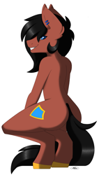 Size: 1285x2268 | Tagged: safe, artist:melodytheartpony, oc, oc only, oc:benjamin terrance tover, earth pony, anthro, unguligrade anthro, ass, bedroom eyes, butt, colored pupils, commission, ear piercing, grin, handsome, hips, looking at you, looking back, looking back at you, male, nudity, piercing, sexy, signature, simple background, smiling, smiling at you, solo, white background