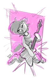 Size: 2699x4092 | Tagged: safe, artist:lynxwolf, oc, oc only, oc:eclair winglain, pegasus, pony, bandana, clothes, cute, electric guitar, female, guitar, hoof hold, kneeling, mare, monochrome, musical instrument, pegasus oc, playing instrument, simple background, sketch, socks, solo, striped socks, unshorn fetlocks, white background, wings