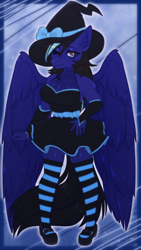 Size: 720x1280 | Tagged: safe, artist:cupid_dissolvi, oc, oc only, oc:cobalt strike, pegasus, anthro, clothes, hat, looking at you, one eye closed, socks, solo, striped socks, thigh highs, wink, witch costume, witch hat