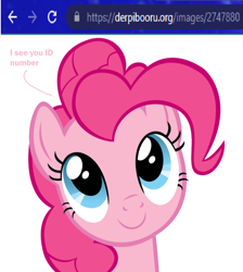 Size: 900x1004 | Tagged: artist needed, safe, pinkie pie, earth pony, pony, derpibooru, g4, breaking the fourth wall, looking up, meta, pinkie being pinkie, simple background, solo, text, white background