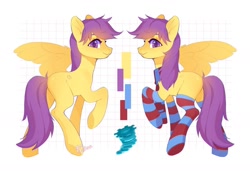 Size: 1440x985 | Tagged: safe, artist:fedos, oc, oc only, pegasus, pony, clothes, reference sheet, smiling, socks, solo, striped socks, thigh highs